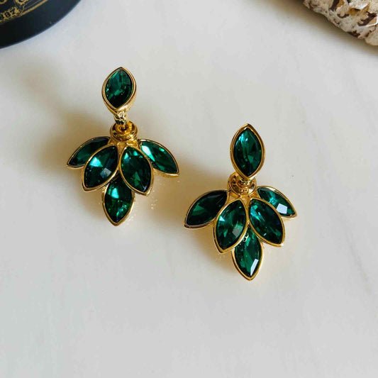 Earrings - Emerald Leaves - Gold Plated - Premium Collection Fashion Jewellery August - September 2022 Western Jewellery