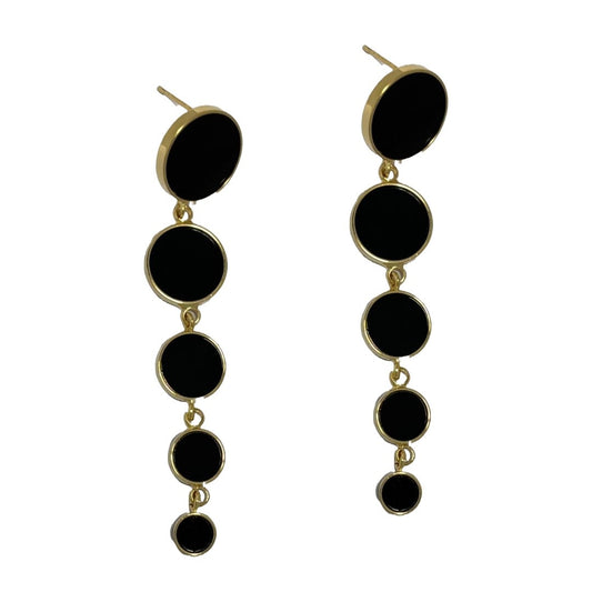 Drop Dangle Earrings For Women, 6.5 cm, Black Circular Discs, Gold-Tone Metal, Linear Design, Anti Tarnish, Water Resistant, Lightweight, Gift Packaged