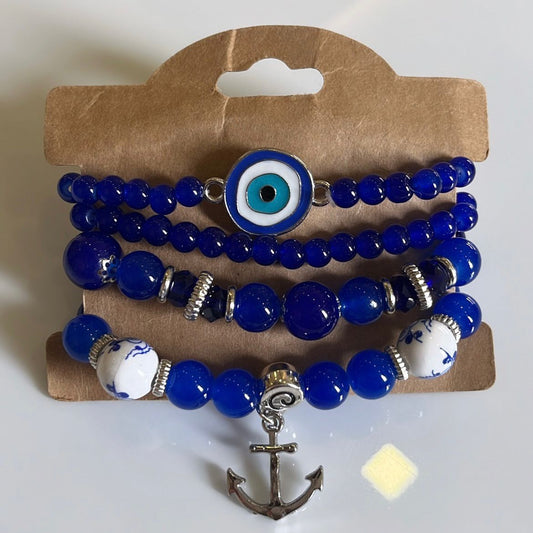 Evil Eye Bracelet | Evil Eye Bracelet Stack | Stack Of 3-4 bracelets | Waterproof | Anti Tarnish | Protection Bracelets | Blue Beads With Charms