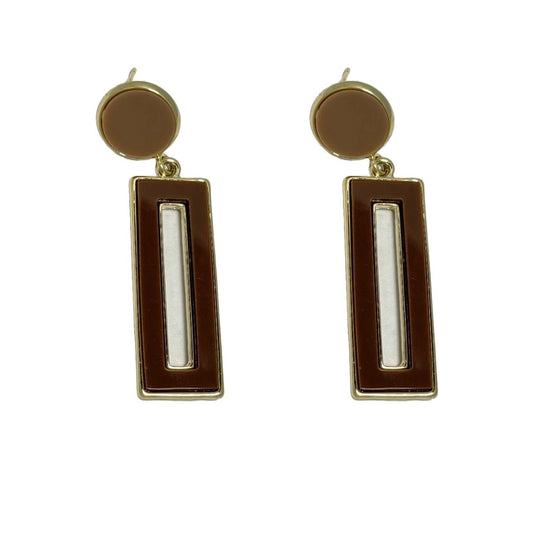 Geometric Rectangle Dangle Earring, 5.5 cm, Gold-Toned, Brown and White Enamel, Fashion Jewellery for Women, Anti Tarnish, Water Resistant, Gift Packaged