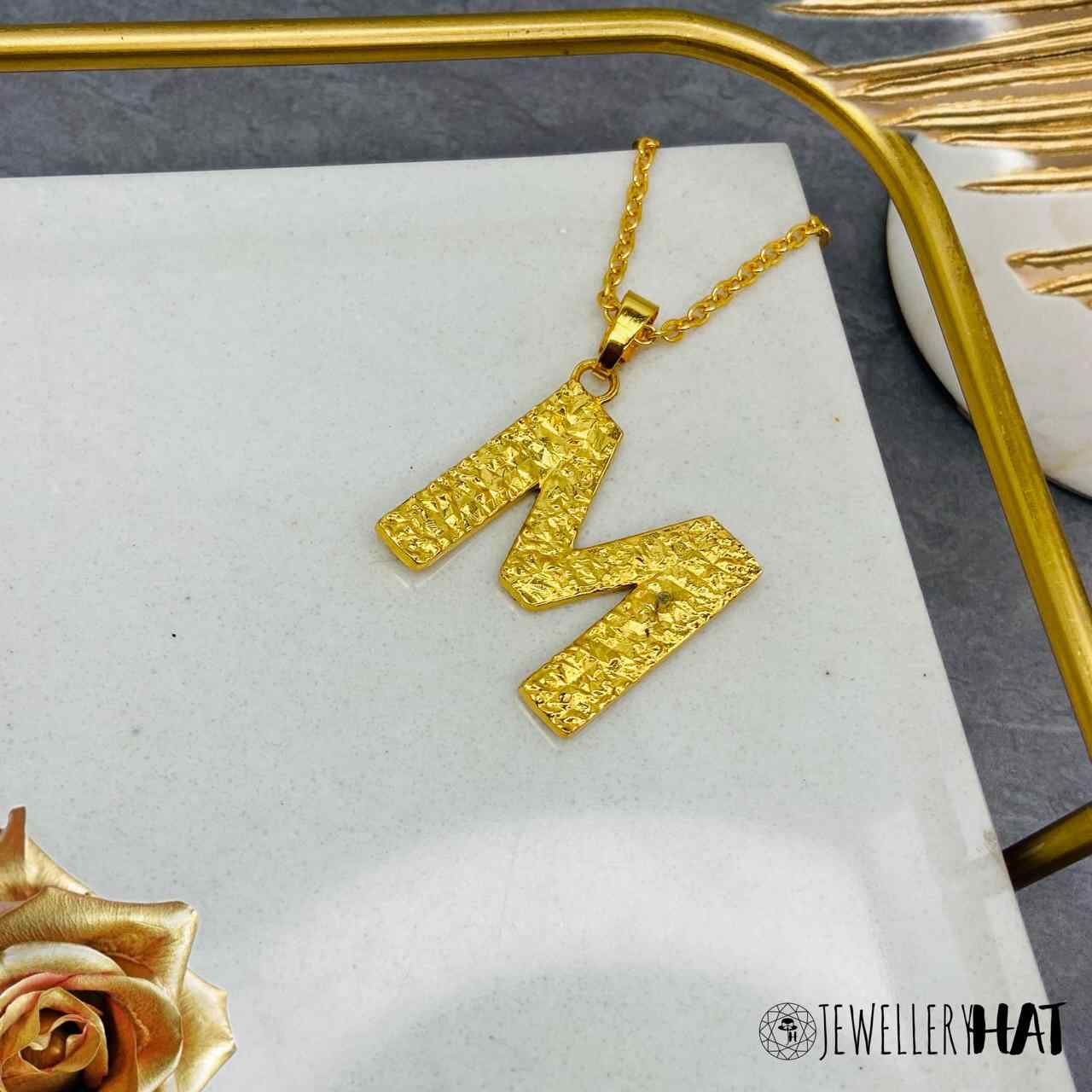 Gold Name Pendant Designs for Female | Gold Plated M Word Necklace | Initial Jewellery