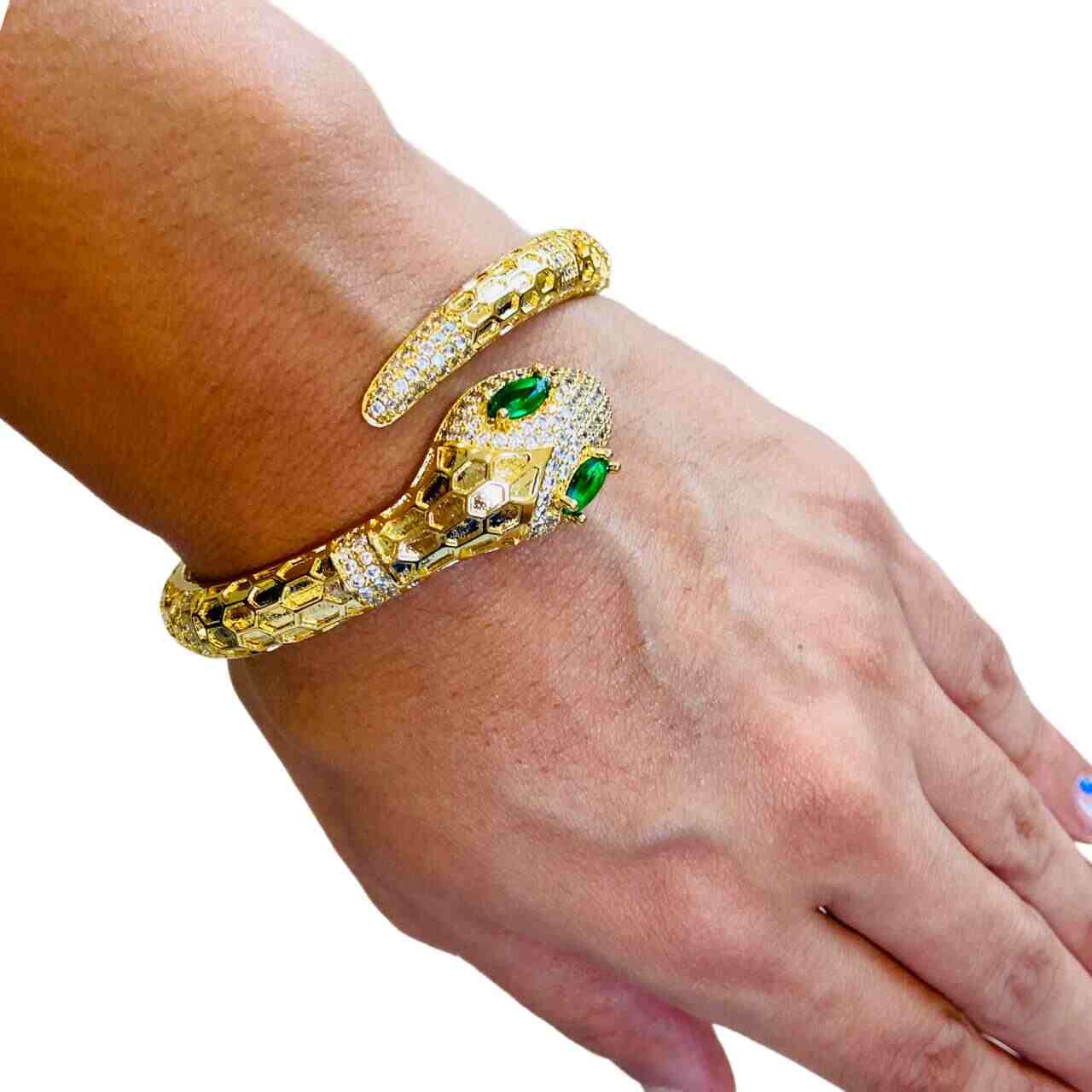 Gold Snake Bracelet With Green Eyes | Openable Bracelets | Anti Tarnish Jewellery