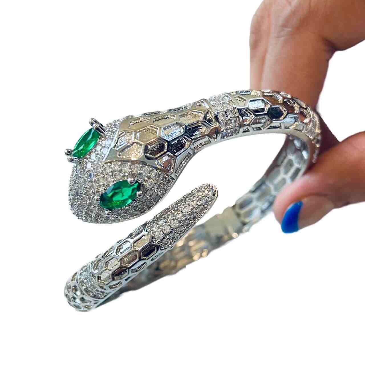 Silver Snake Bracelet With Green Eyes | Openable Bracelets | Anti Tarnish Jewellery