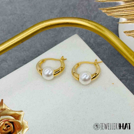 White Pearl Gold Earrings
