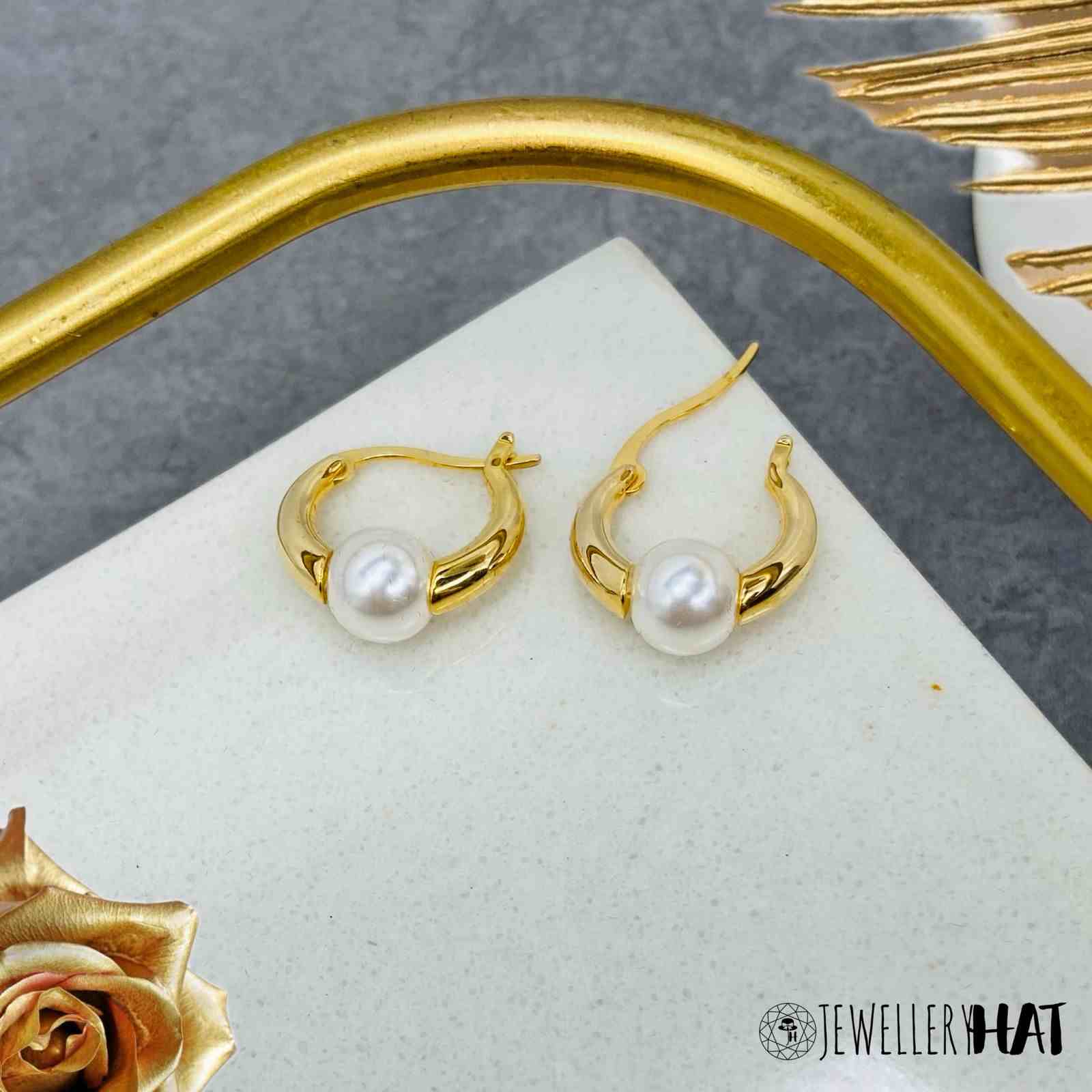 White Pearl Gold Earrings