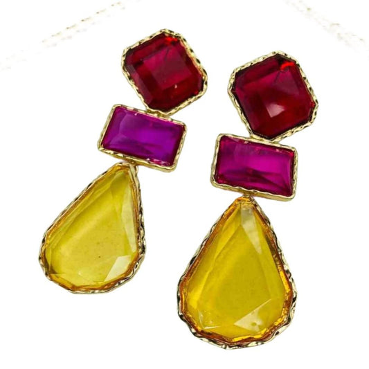 Women's Earrings Design | Red Pink Yellow Glass Stones